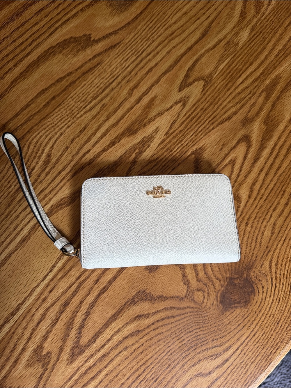 Coach White Pebbled Leather Zip Wristlet with Gold Logo